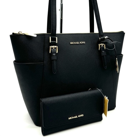 Michael Kors Large Charlotte TZ Tote Bag & Large Trifold Wallet Black/Gold - Picture 3 of 14